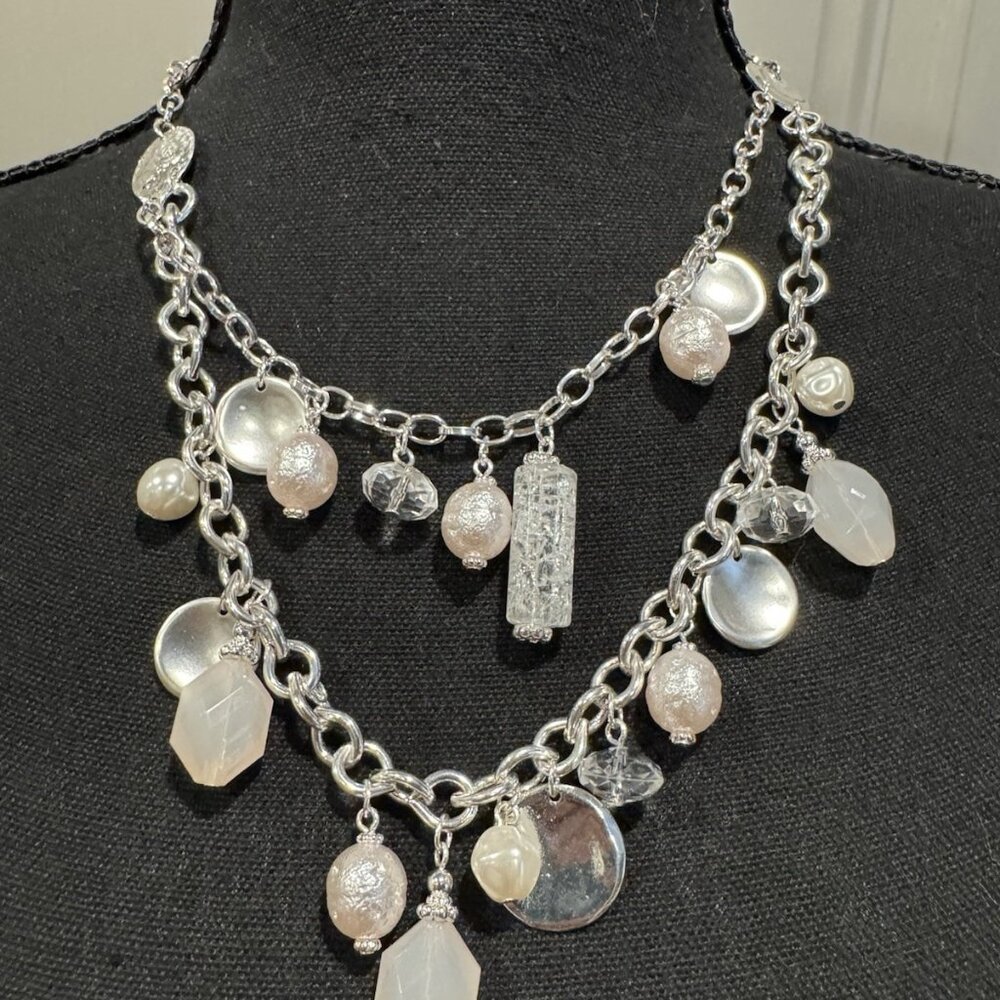 Chicos SIlvertone Beaded Stone Charm Layered Statement Necklace NEW